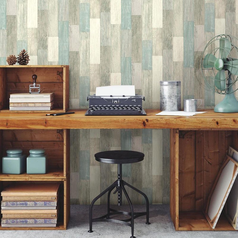 RoomMates RMK10840WP Coastal Weathered Plank Blue and Tan Peel and Stick Wallpaper 20.5" x 16.5 feet - Image 4